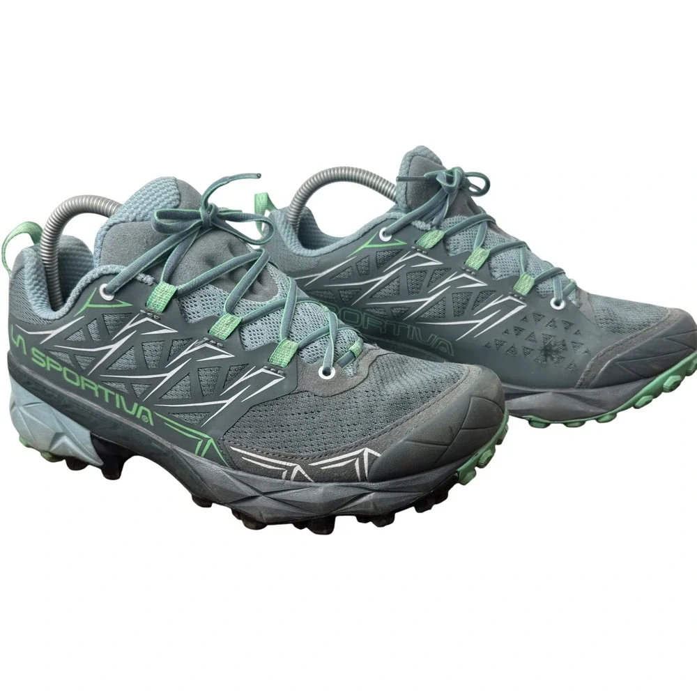 La Sportiva Akyra Womens 9 Trail Running Shoes Slate Jade Green 36K Mountain Run